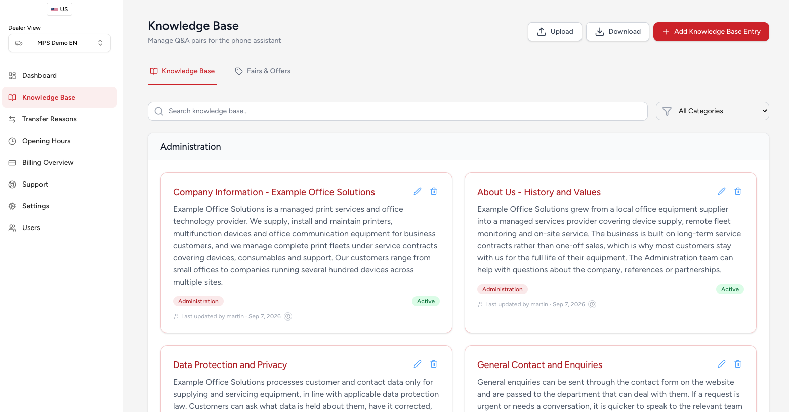 Sadie knowledge base with question and answer pairs grouped by category