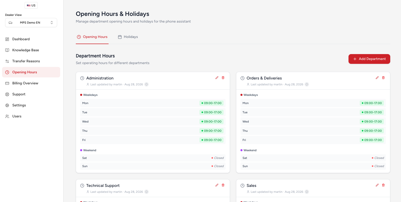 Sadie opening hours and holidays configuration per department